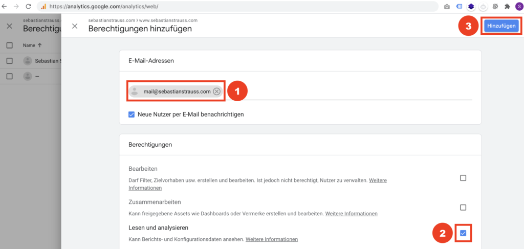 Nutzer mit Leseberechtigung in Google Analytics hinzufügen